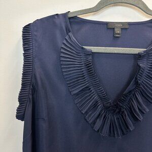 J. Crew 100% Silk Navy Blue Sleeveless Ruffle Bib Blouse Size 10